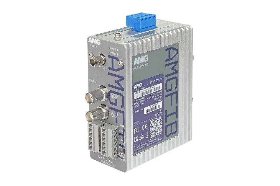 Industrielles AMGFIB-Gerätemodule mit Metallgehäuse, blauem Stecker oben, mehreren Seitenöffnungen und gekennzeichnetem Frontpanel auf weißem Hintergrund.