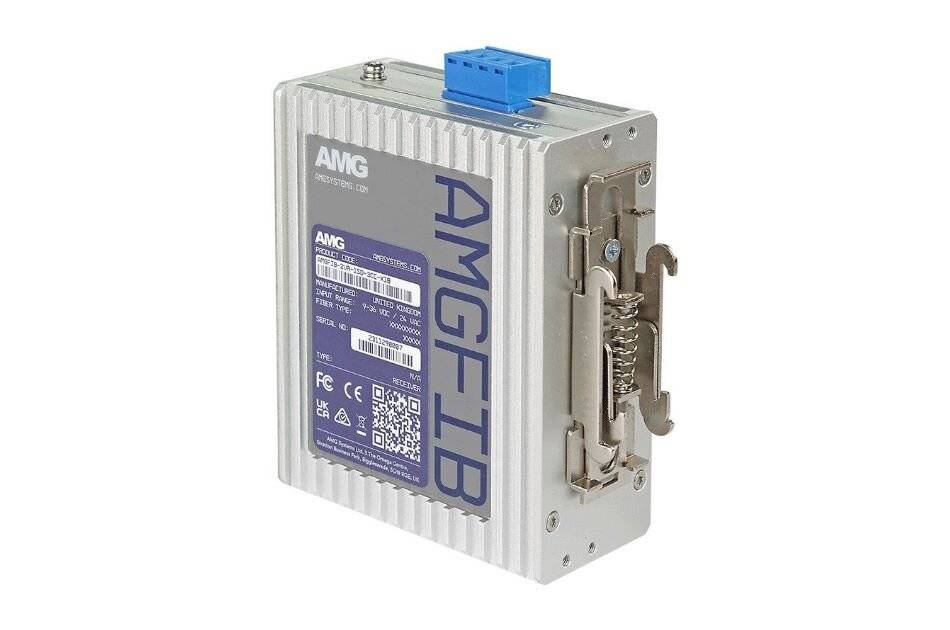 Ein silbernes AMG microIB Modul für Industrieelektronik mit blauem Anschluss, gezeigt auf weißem Hintergrund.