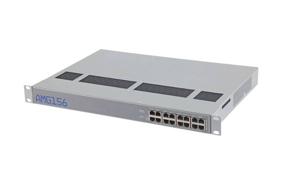 Silberner Rack-Mount-Netzwerk-Switch mit 16 Ethernet-Ports und blauem 