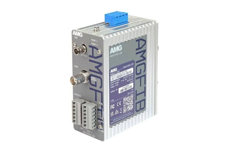 Industrielles AMG-FIB-Modul mit Metallgehäuse, Seitensteckern und blauem Anschlussblock oben, isoliert auf weißem Hintergrund dargestellt.
