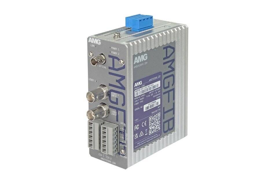 Industrielles AMG-FIB-Elektronikmodul mit Steckverbindern und Etikett, dargestellt auf weißem Hintergrund.