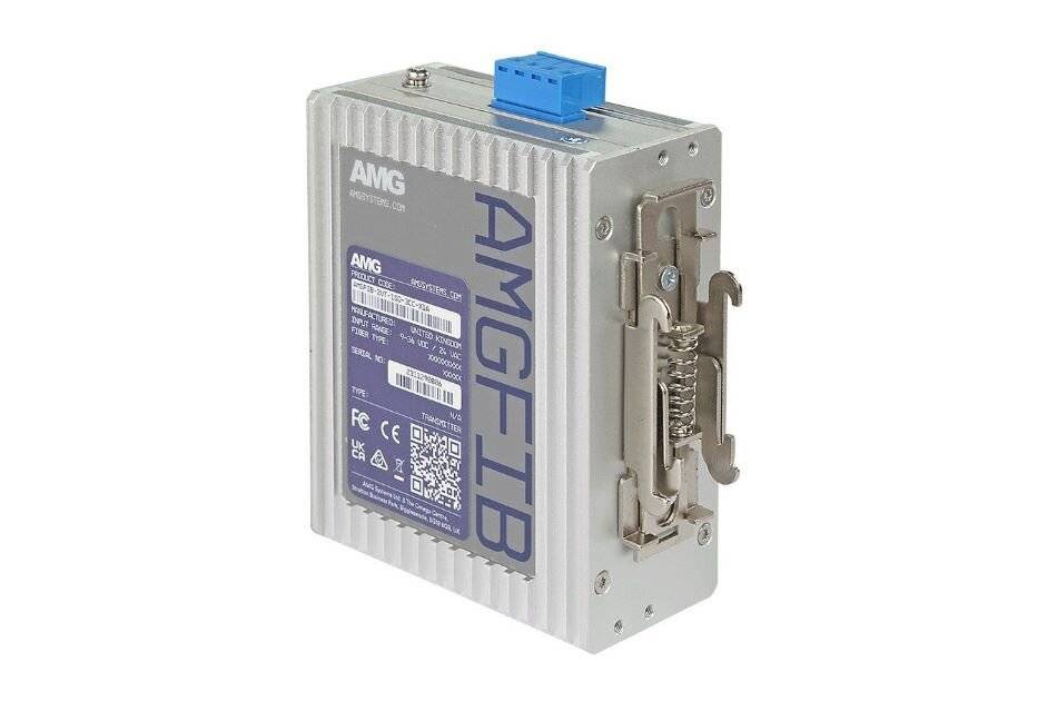 Kompaktes AMG-IB Industrie-Elektronikmodul mit blauem Steckklemmen-Anschluss und Metall-Montagebügel auf weißem Hintergrund.