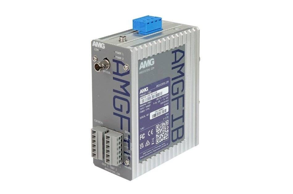 AMG Industrial-Elektronikmodul mit blauem Stecker und zwei vorderen Anschlüssen, isoliert auf weißem Hintergrund dargestellt.