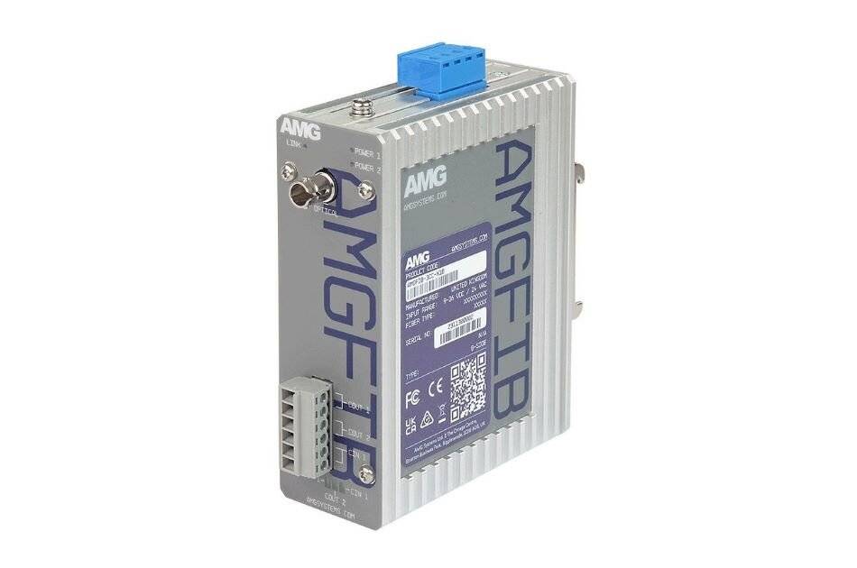 AMG FTB Industrielles elektronisches Modul mit Metallgehäuse, blauem Stecker oben und vorderen Anschlüssen, isoliert auf weißem Hintergrund dargestellt.