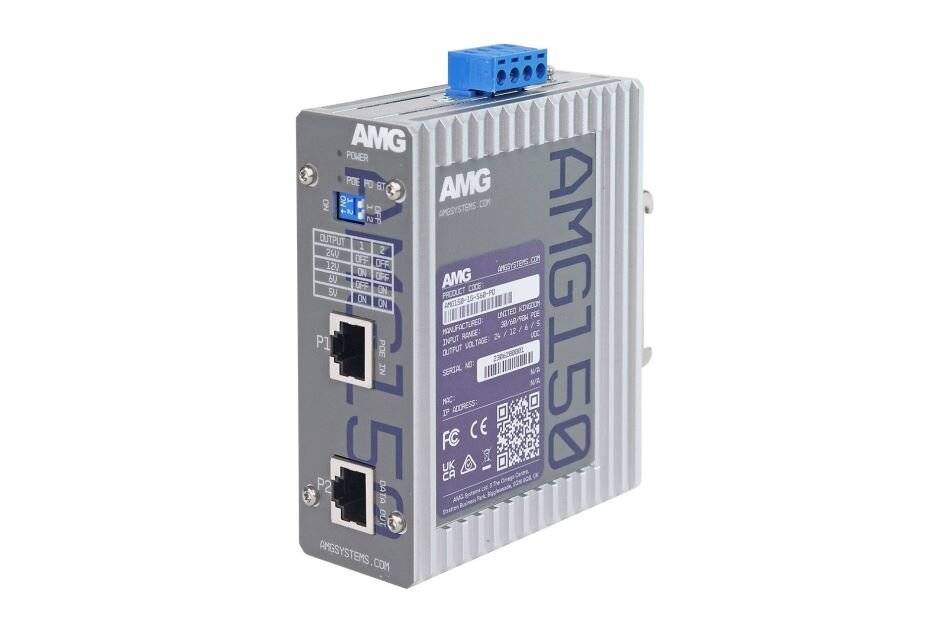 Industrielles AMG 150 Netzwerkgerät mit zwei Ethernet-Anschlüssen und blauem Anschlussblock, dargestellt in einem Produktfoto auf weißem Hintergrund.