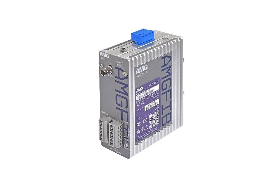 Kompaktes AMG-Industrielektronik-Steuermodul mit blauem Stecker und beschrifteter Frontplatte, isoliert auf weißem Hintergrund dargestellt.