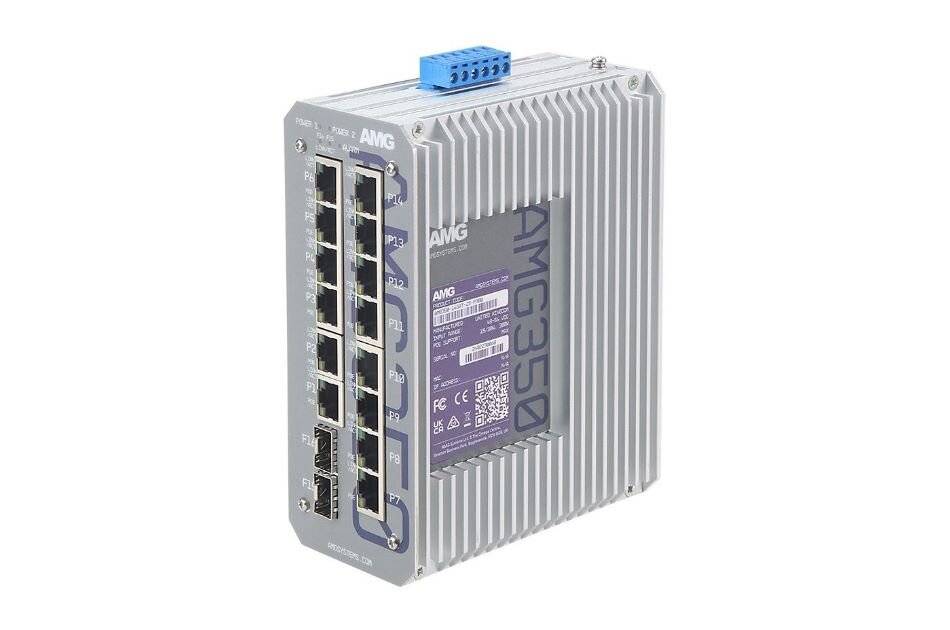 Industrieller AMG-Netzwerk-Switch-Modul mit mehreren Ethernet-Anschlüssen und blauem Stromanschluss oben, isoliert auf weißem Hintergrund.