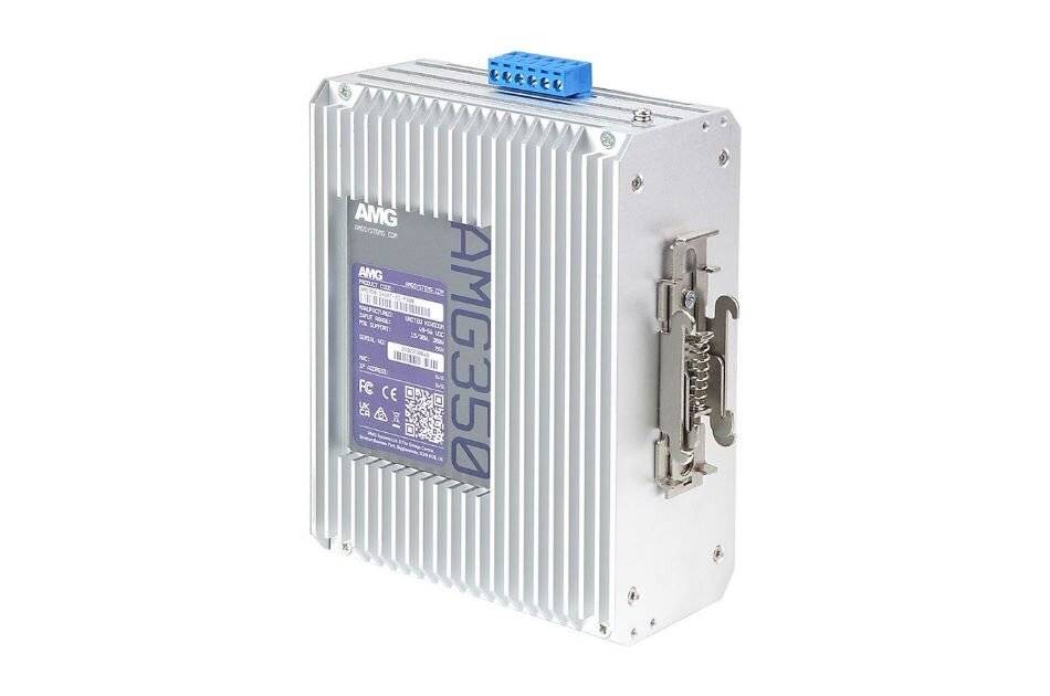 Silbernes AMG-Industrie-Elektronikmodul mit geripptem Kühlkörpergehäuse, blauem Klemmleistenblock oben und metallischer Befestigungsklinke an der Seite.