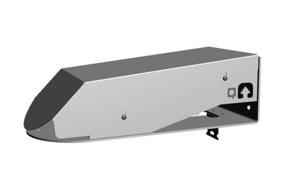 Metallisches wandmontiertes Gerätegehäuse mit geneigter dunkler Frontabdeckung und kleinen Montage-Etiketten/Symbolen auf der Seite.