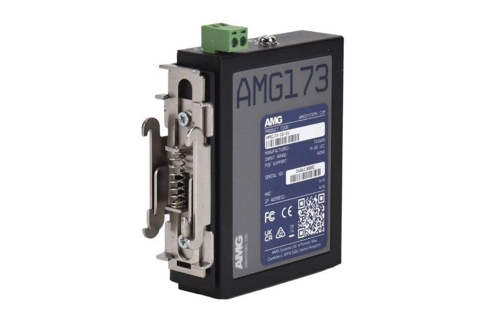 Industrielles elektronisches Modul mit Bezeichnung AMG173 mit Klemmenblock und Metallmontagehalterung auf weißem Hintergrund.