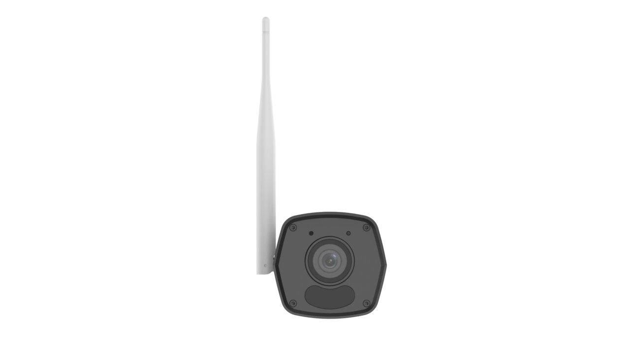 Schwarze Überwachungskamera mit hoher weißer Antenne, frontal auf neutralem weißem Hintergrund abgebildet.