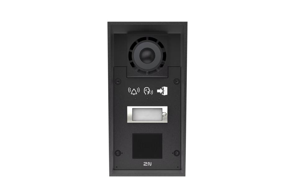 Schwarze 2N Gegensprechanlage für die Türstation mit Kamera, Lautsprecher, Anruftaste und Logo auf einem rechteckigen Frontpanel.