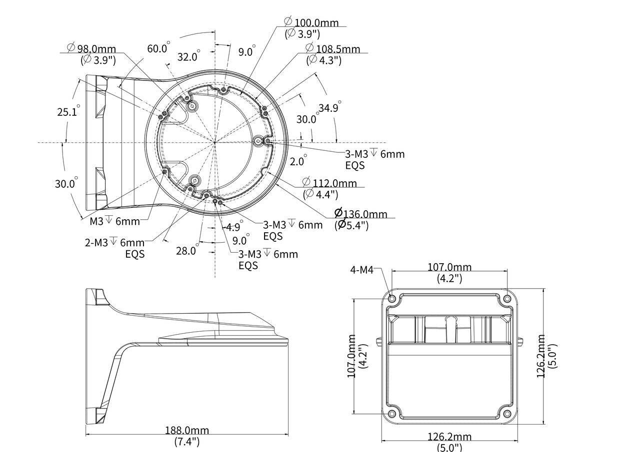 Technische bemaßte Zeichnung eines runden mechanischen Teils mit Draufsicht, Seitenansicht und Vorderansicht mit Abmessungen in Millimetern und Zoll, einschließlich Montagelochpositionen und Gesamtgröße.