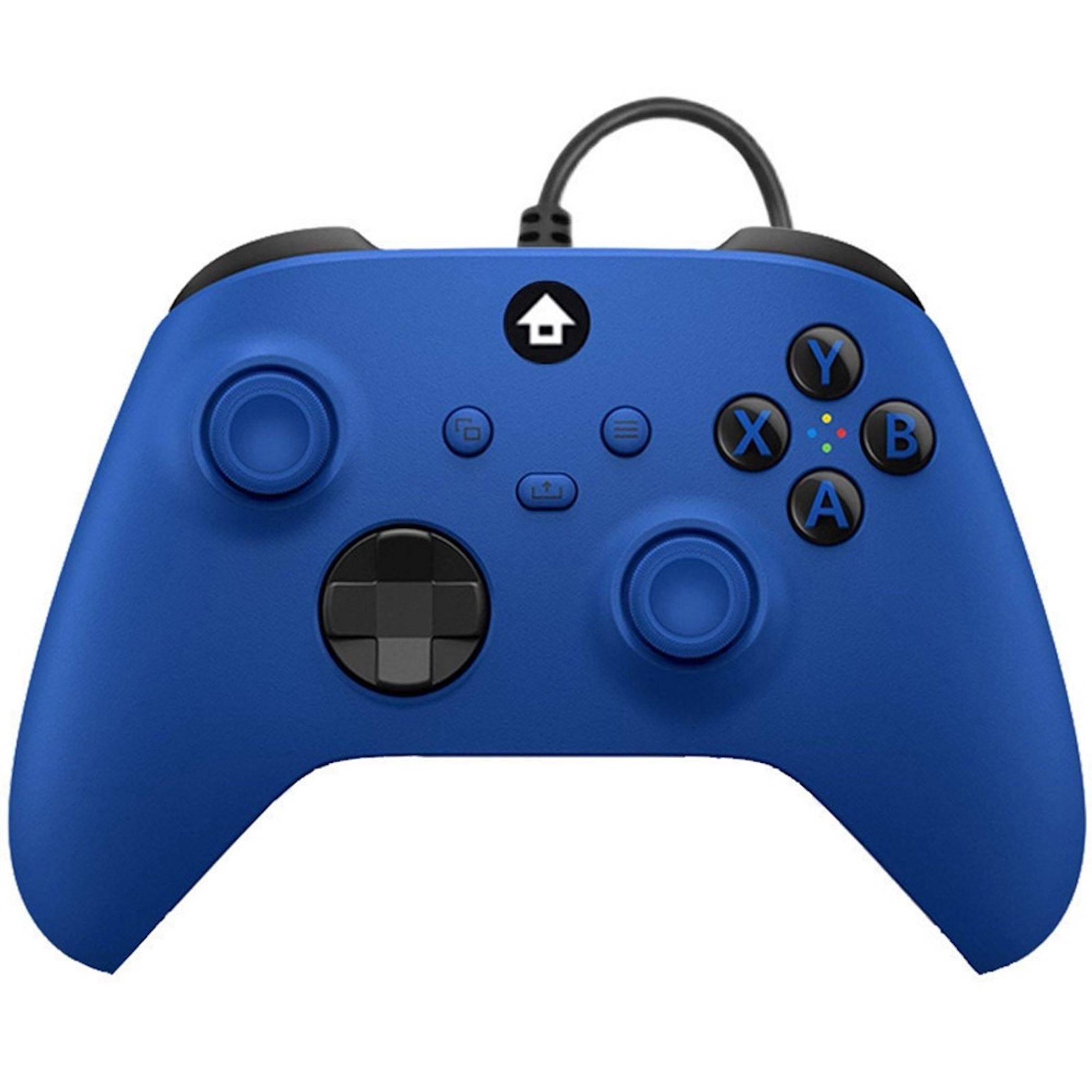 Blauer Spielecontroller mit zwei Joysticks, Richtungspad und ABXY-Tasten auf weißem Hintergrund.