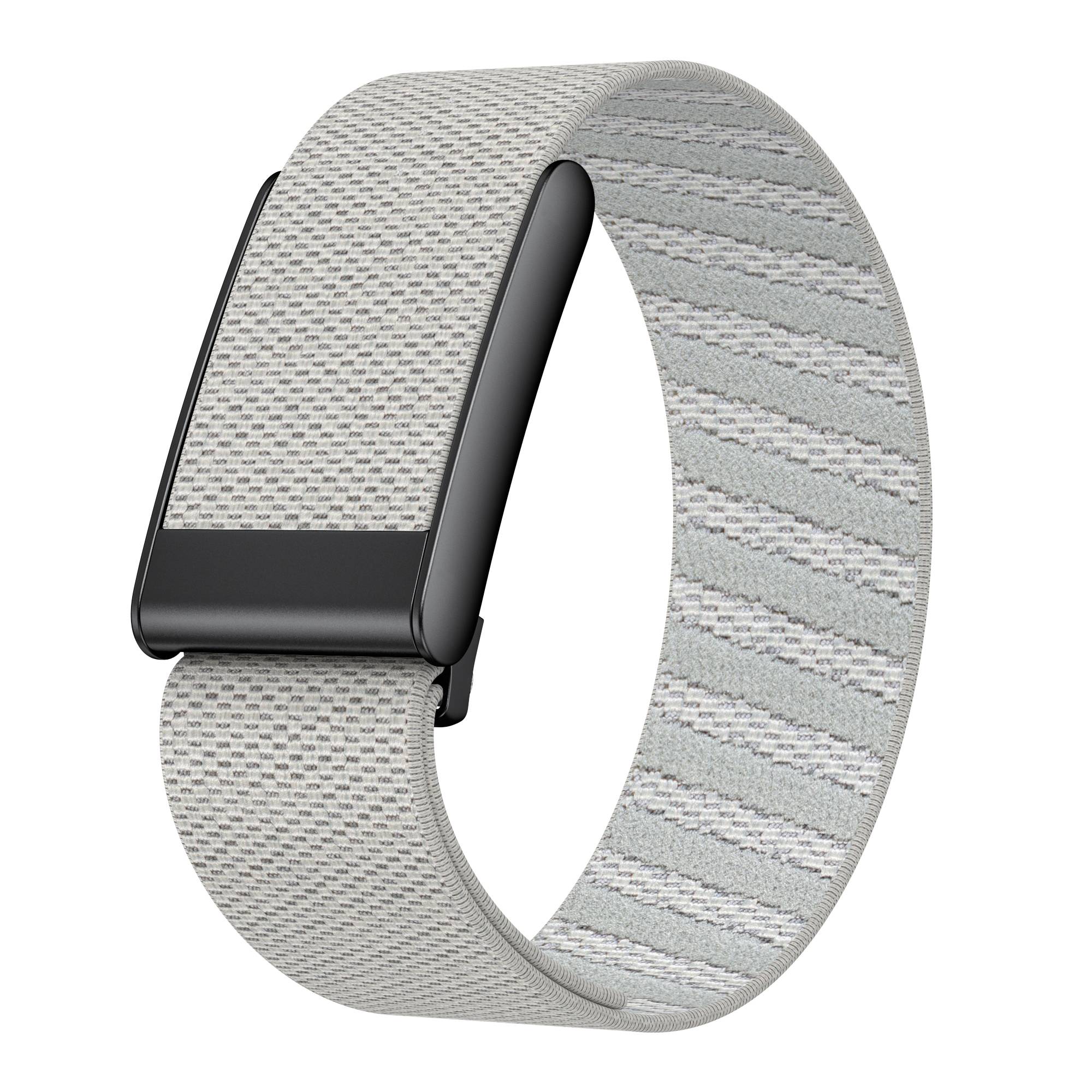 Hellgraues gewebtes Smartwatch-Armband mit schwarzer Schnalle, isoliert auf weißem Hintergrund dargestellt.