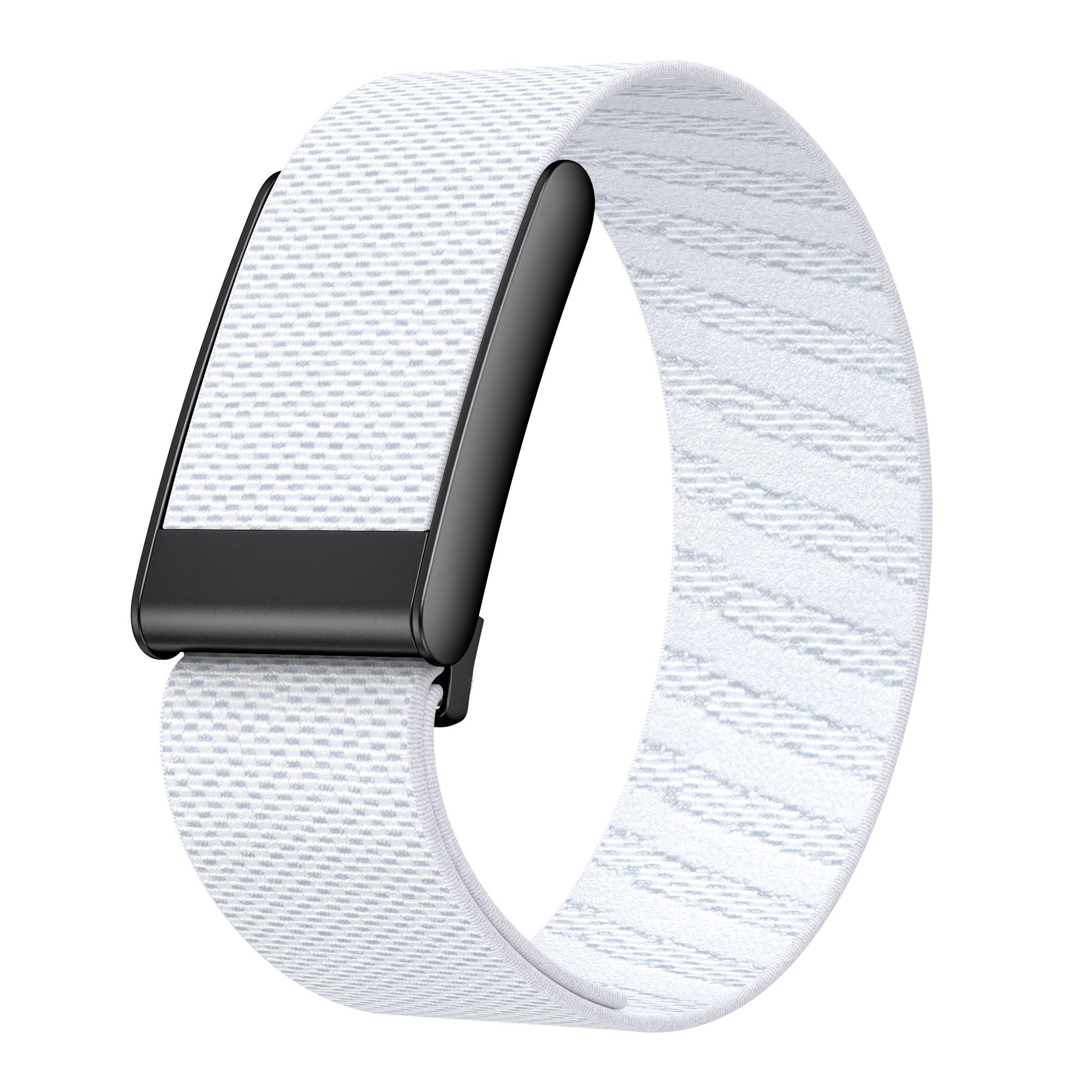 Weiße gewebte Fitness-Tracker-Bande mit schwarzer rechteckiger Schließe, isoliert auf einfachem Hintergrund dargestellt.