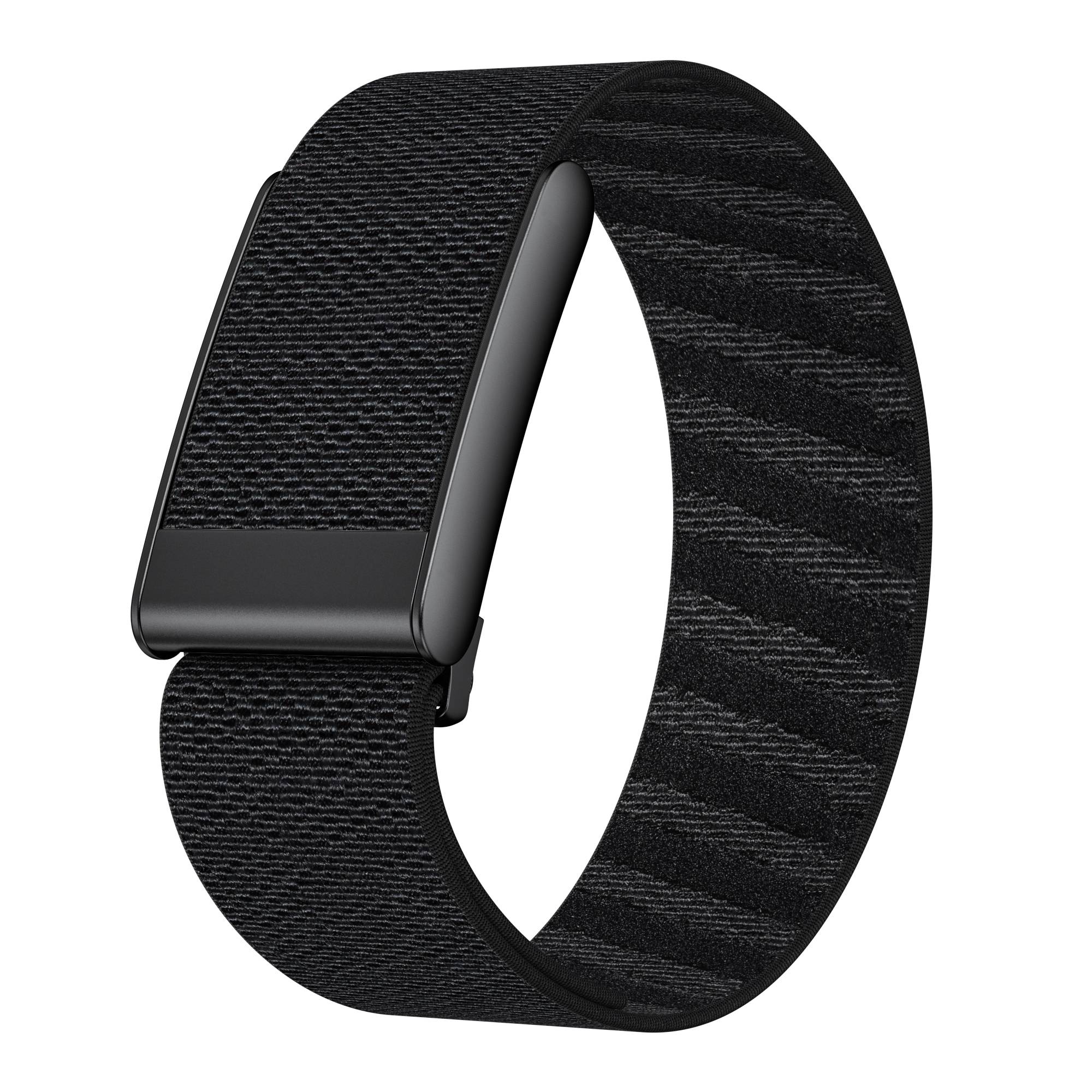 Schwarzes strukturiertes verstellbares Armband mit rechteckiger Schnalle, isoliert auf weißem Hintergrund dargestellt.