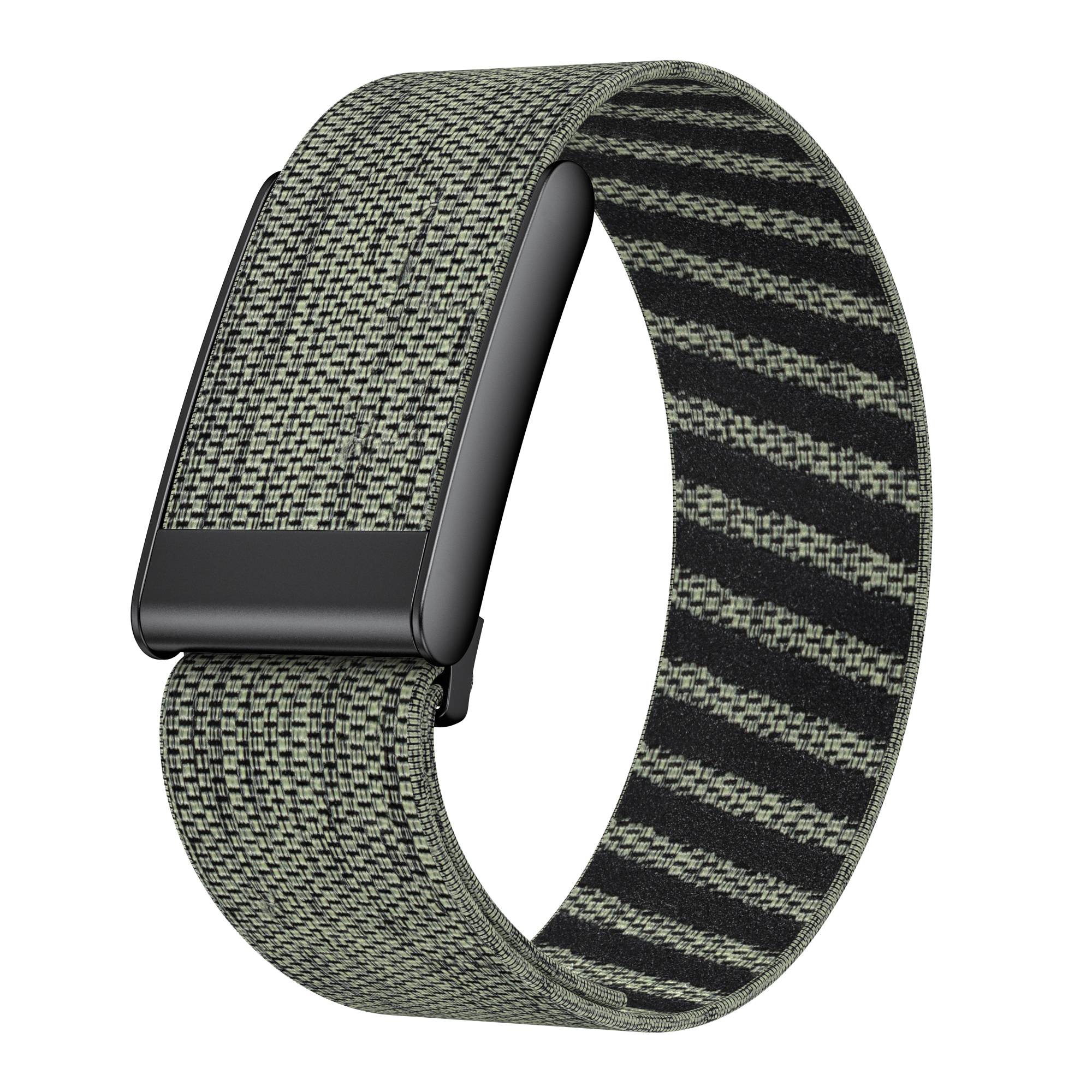 Graugewebtes Smartwatch-Armband mit schwarzer Schließe, gezeigt auf weißem Hintergrund.