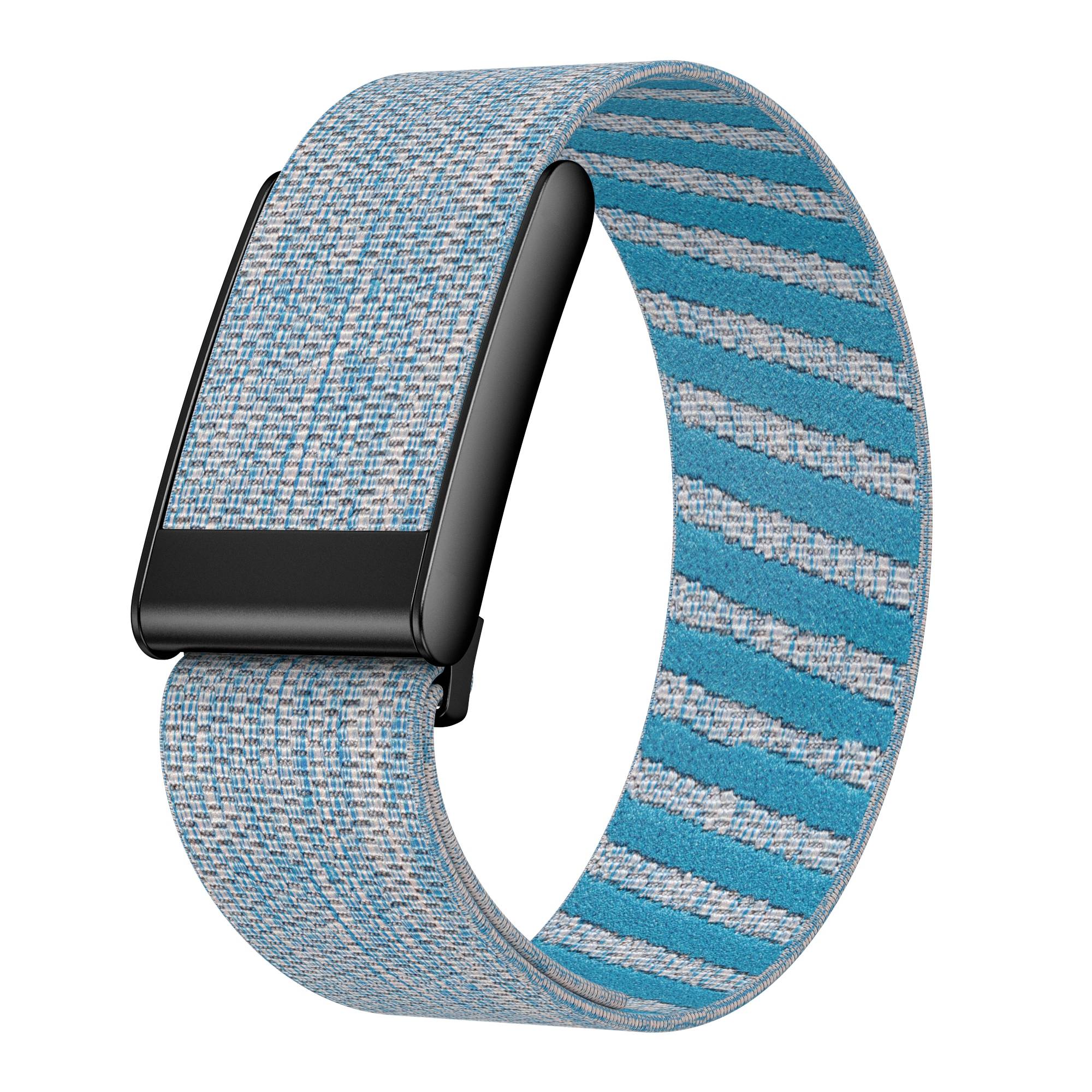 Blaues gewebtes Smartwatch-Armband mit schwarzer Schließe, abgebildet auf weißem Hintergrund.
