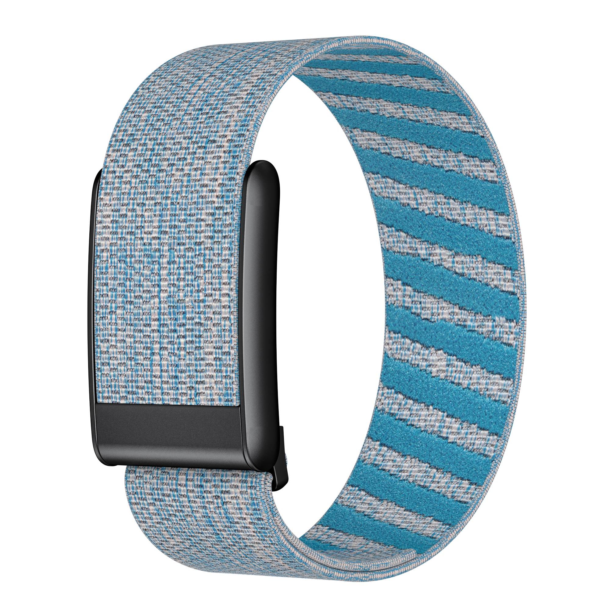 Blau-grau gewebtes Smartwatch-Armband mit schwarzer Schließe, vor weißem Hintergrund gezeigt.