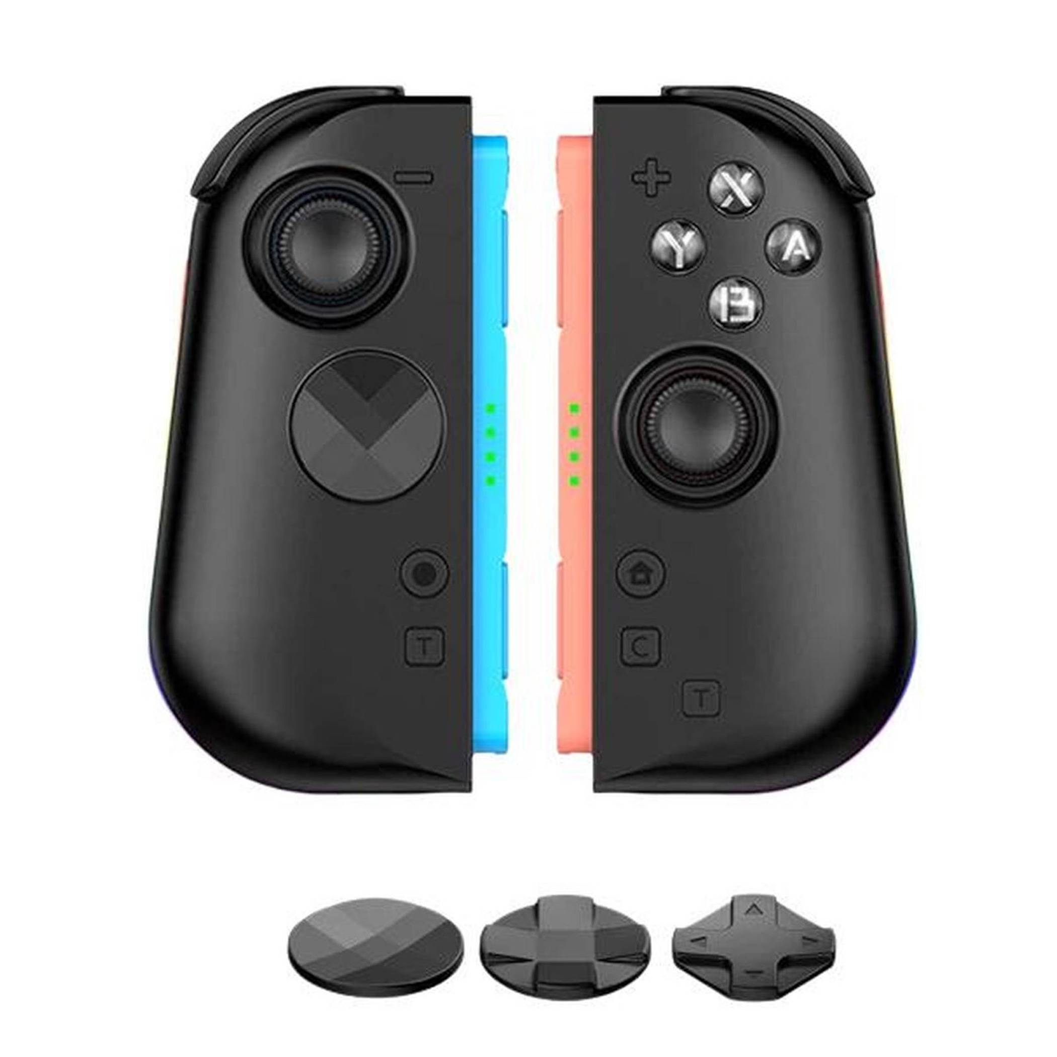 Paar schwarze Nintendo-Switch-ähnliche Controller, von vorne und hinten gezeigt, mit farbigen Seitenschienen und drei austauschbaren Analog-Kappen-Zubehör darunter.