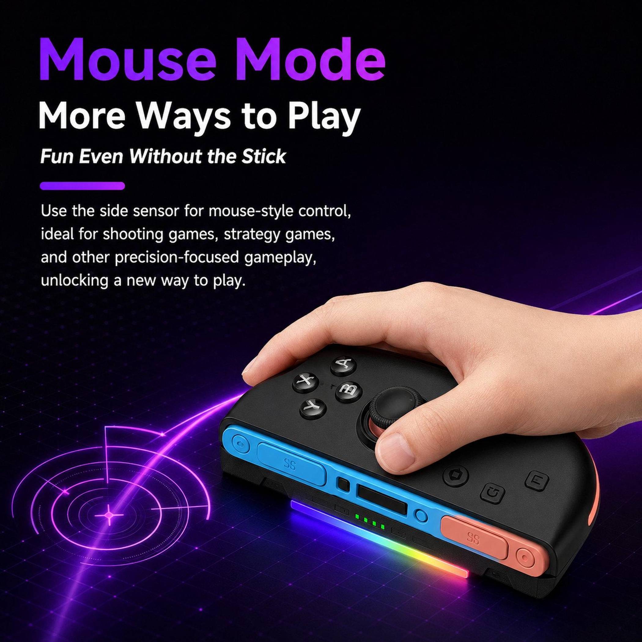 Hand hält einen Game-Controller im "Mausmodus""; Text sagt ""Mehr Spielmöglichkeiten"" und erklärt die Seitensensor-Maussteuerung für präzises Gaming.