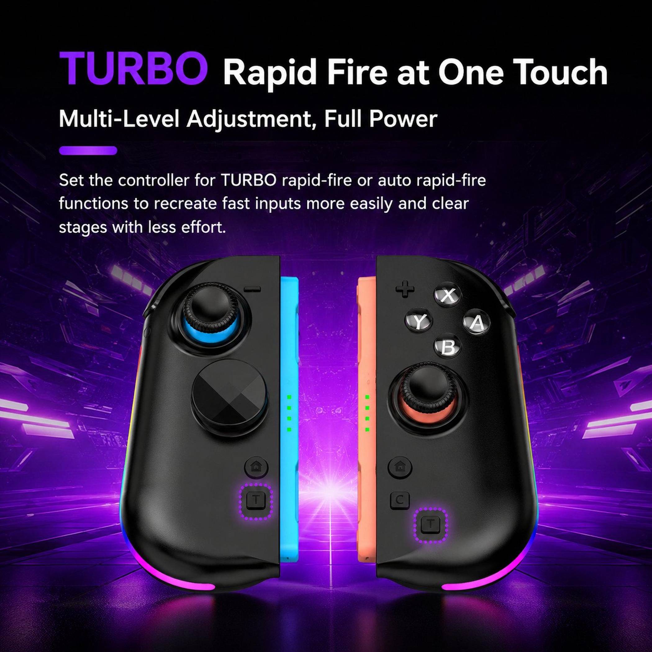 Werbegrafik mit zwei Hälften eines schwarzen Spielcontrollers, die "TURBO Schnellfeuer auf Knopfdruck"" und ""Mehrstufige Einstellung, Volle Leistung"" hervorheben.