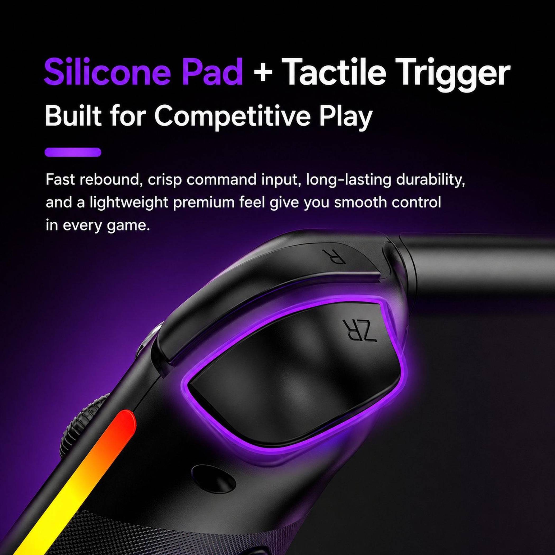 Werbegrafik eines Gamepad-Griffs mit einem violett beleuchteten Silikonpolster und taktilen Triggern, mit dem Text: „Silikonpolster + Taktiler Trigger" und „Entwickelt für Wettkampfspiel"".