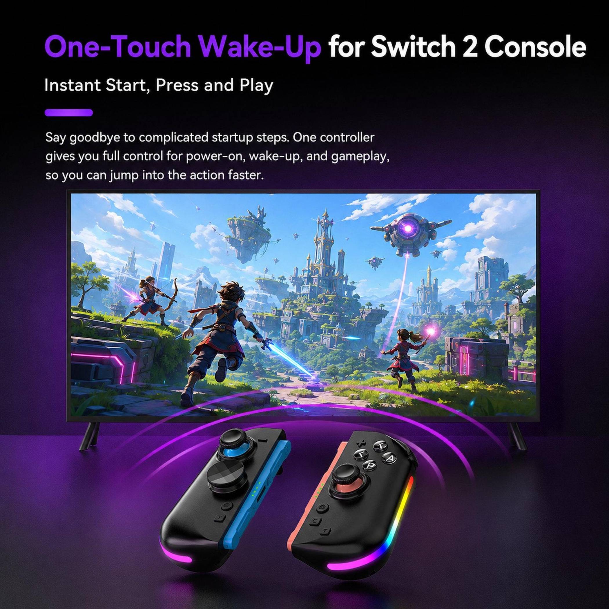 Werbegrafik für "One-Touch Wake-Up für Switch 2 Konsole"" mit einer TV-Spielszene und zwei leuchtenden Controllern, die sofortigen Start und Drücken und Spielen betonen.