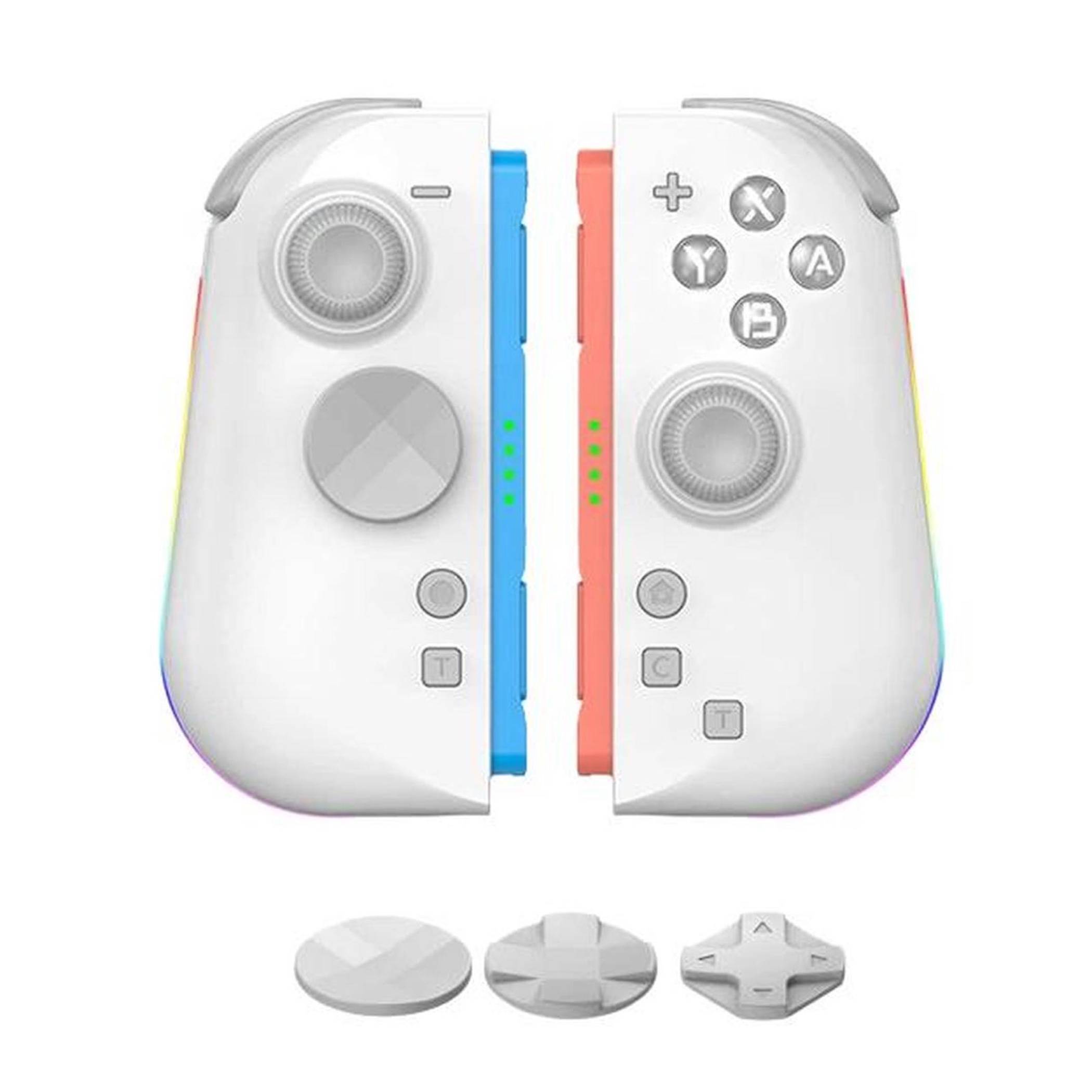 Weiße linke und rechte Nintendo Switch Joy-Con-Controller, die nebeneinander gezeigt werden, mit abnehmbaren Daumenkappen und Richtungsabdeckungsteilen darunter.