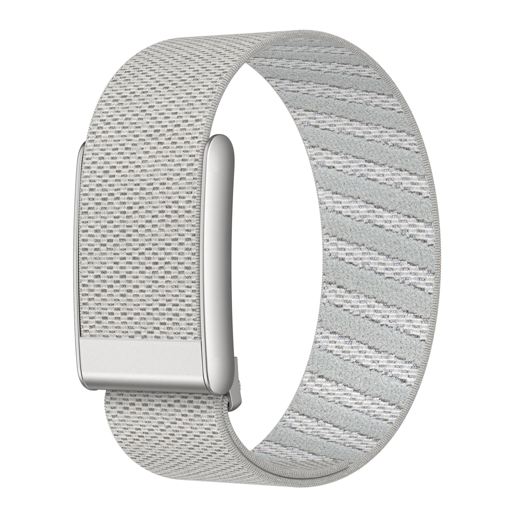 Hellgraues gewebtes Smartwatch-Armband mit silberner Schnalle, auf weißem Hintergrund gezeigt.