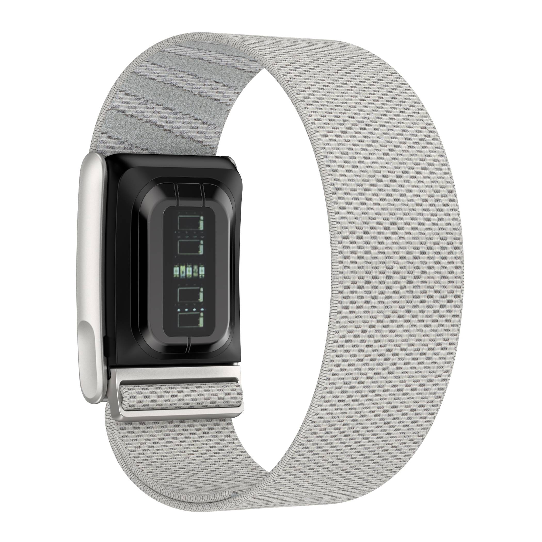 Hellgrauer Fitness-Tracker mit schwarzem rechteckigem Display und gewebtem Armband, isoliert auf weißem Hintergrund dargestellt.