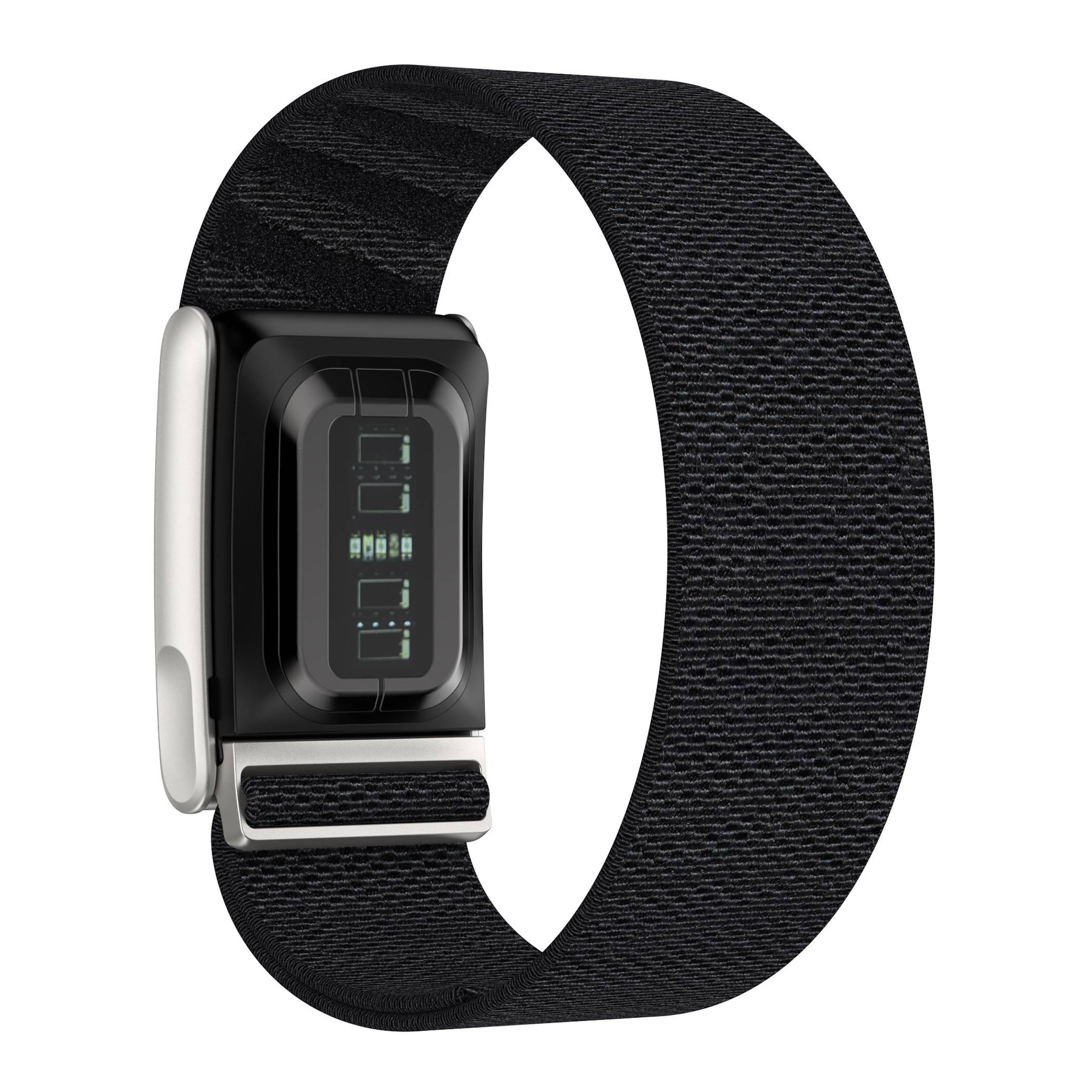 Schwarzes strukturiertes Armband mit rechteckigem digitalen Display und Seitentaste, auf weißem Hintergrund gezeigt.