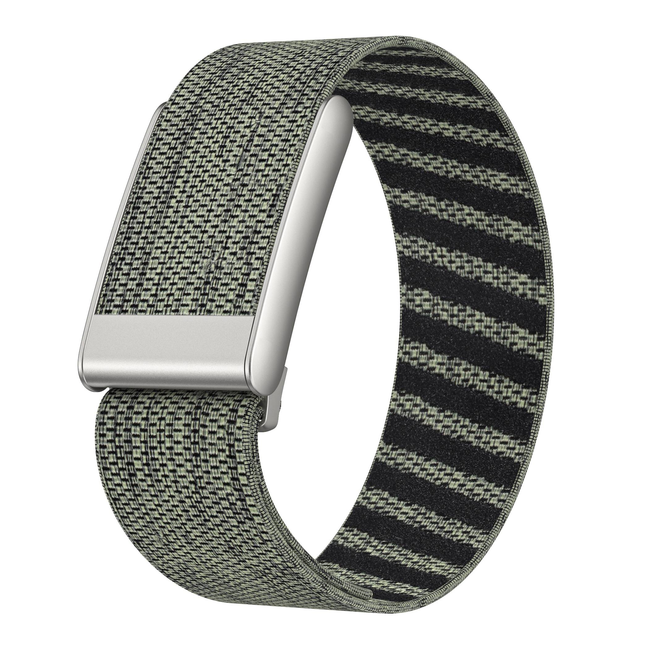 Grau gewebtes Smartwatch-Armband mit einer Metallschließe auf weißem Hintergrund.