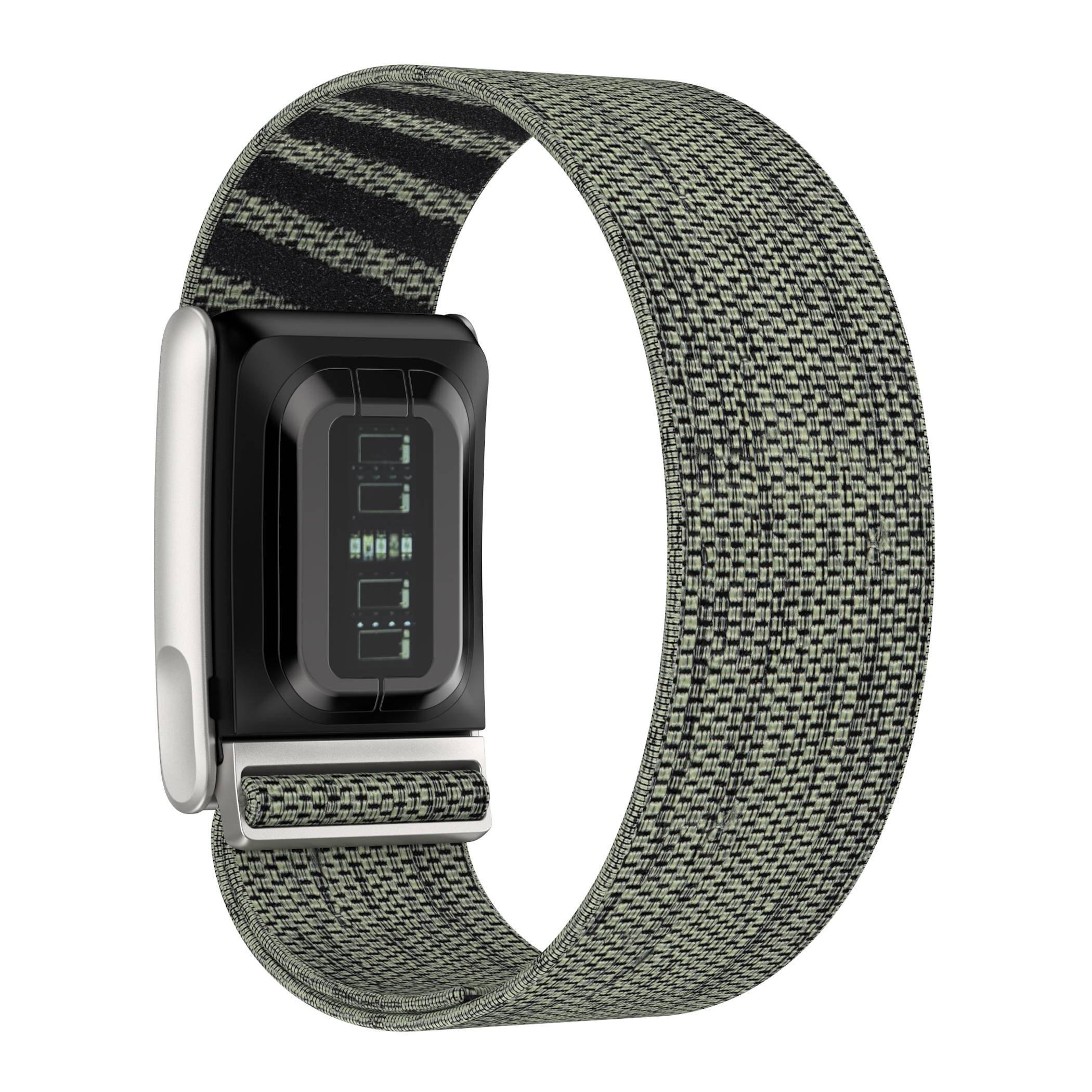 Eine schwarze digitale Armbanduhr mit gewebtem Stoffarmband und rechteckigem Display auf weißem Hintergrund.