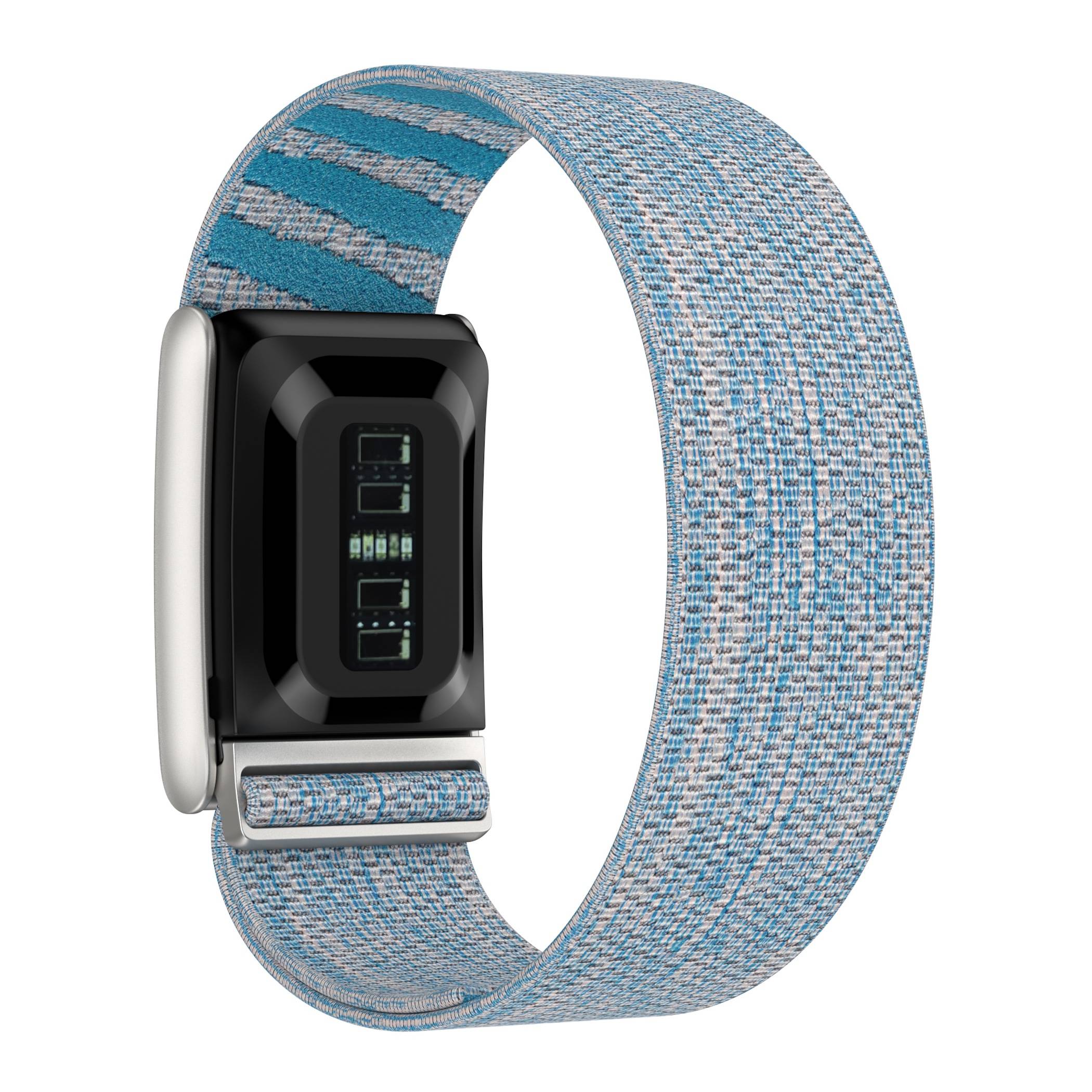 Blaugewebtes Smartwatch-Armband mit schwarzer rechteckiger digitaler Schließe, die Uhrzeit und Symbole anzeigt.