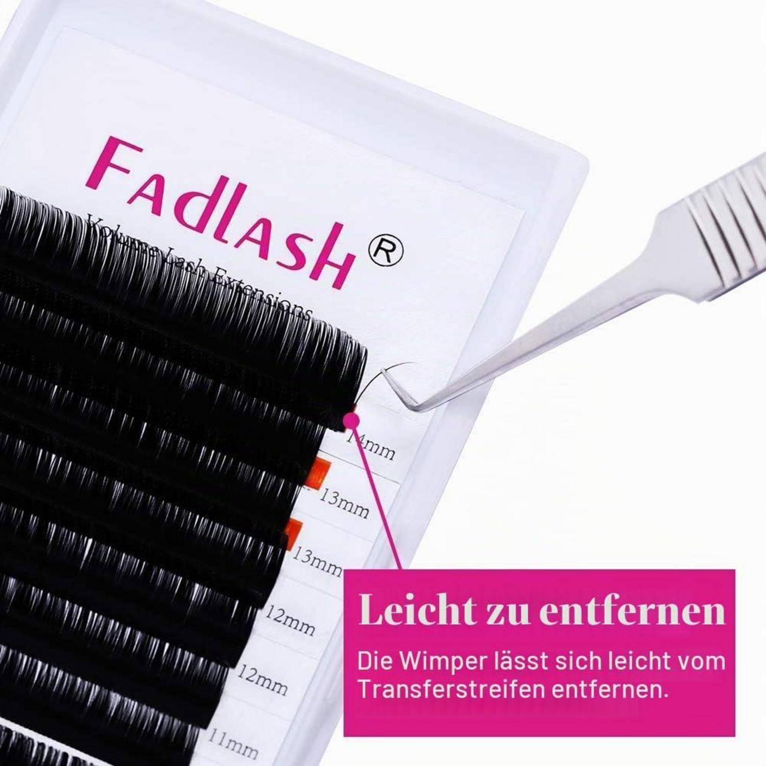 Wimpernverlängerungsstreifen mit Pinzette; deutscher Text besagt „Leicht zu entfernen