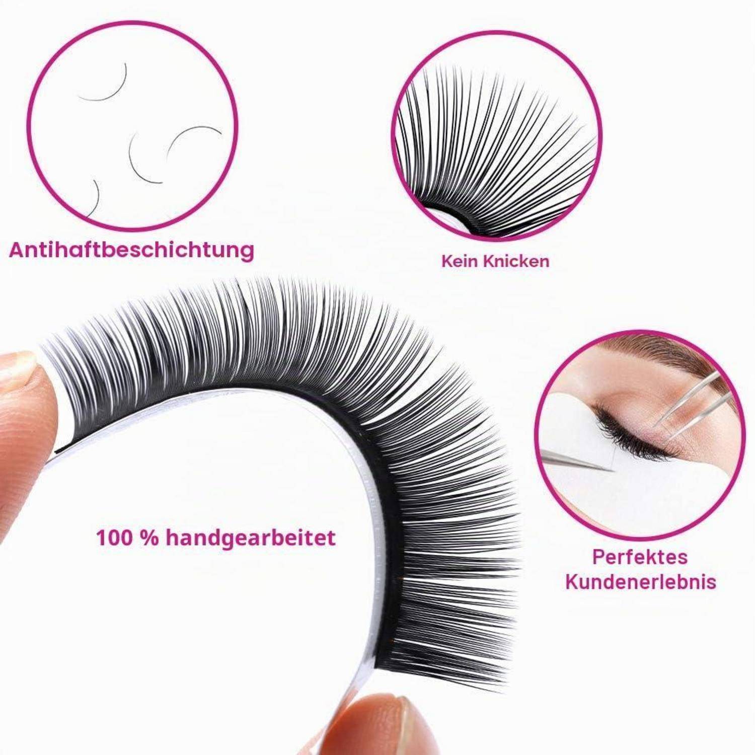 Werbebild eines Wimpernbandes, das von Fingern gehalten wird, mit deutschen Beschriftungen, die die Antihaft-Beschichtung, Nichtverformbarkeit, 100% handgefertigt und ein perfektes Kundenerlebnis hervorheben.
