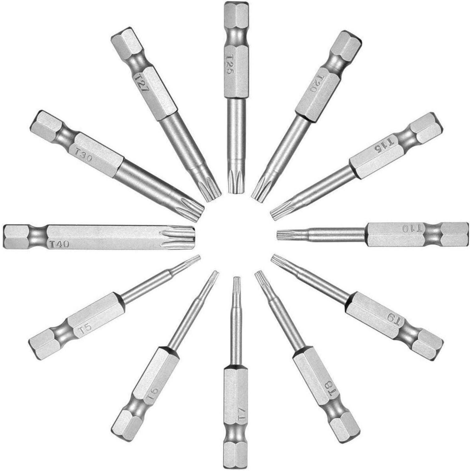 Satz von 12 silbernen Präzisions-Schraubendreher-Bits in einem Kreis angeordnet, zeigt assortierte Torx-Größen auf weißem Hintergrund.