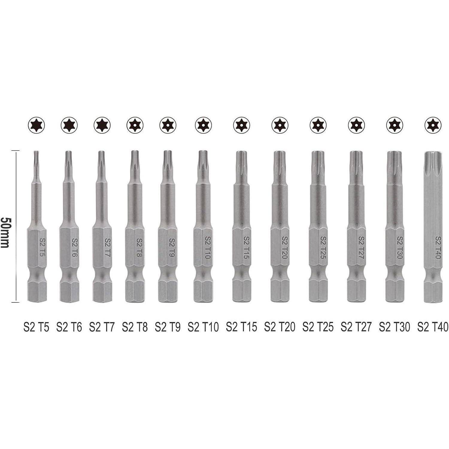 Satz von 12 50-mm-Schraubendreher-Bits mit den Bezeichnungen S2 T5 bis S2 T40, nach Größe angeordnet mit Torx-Sicherheitsspitzen-Symbolen über jedem Bit.