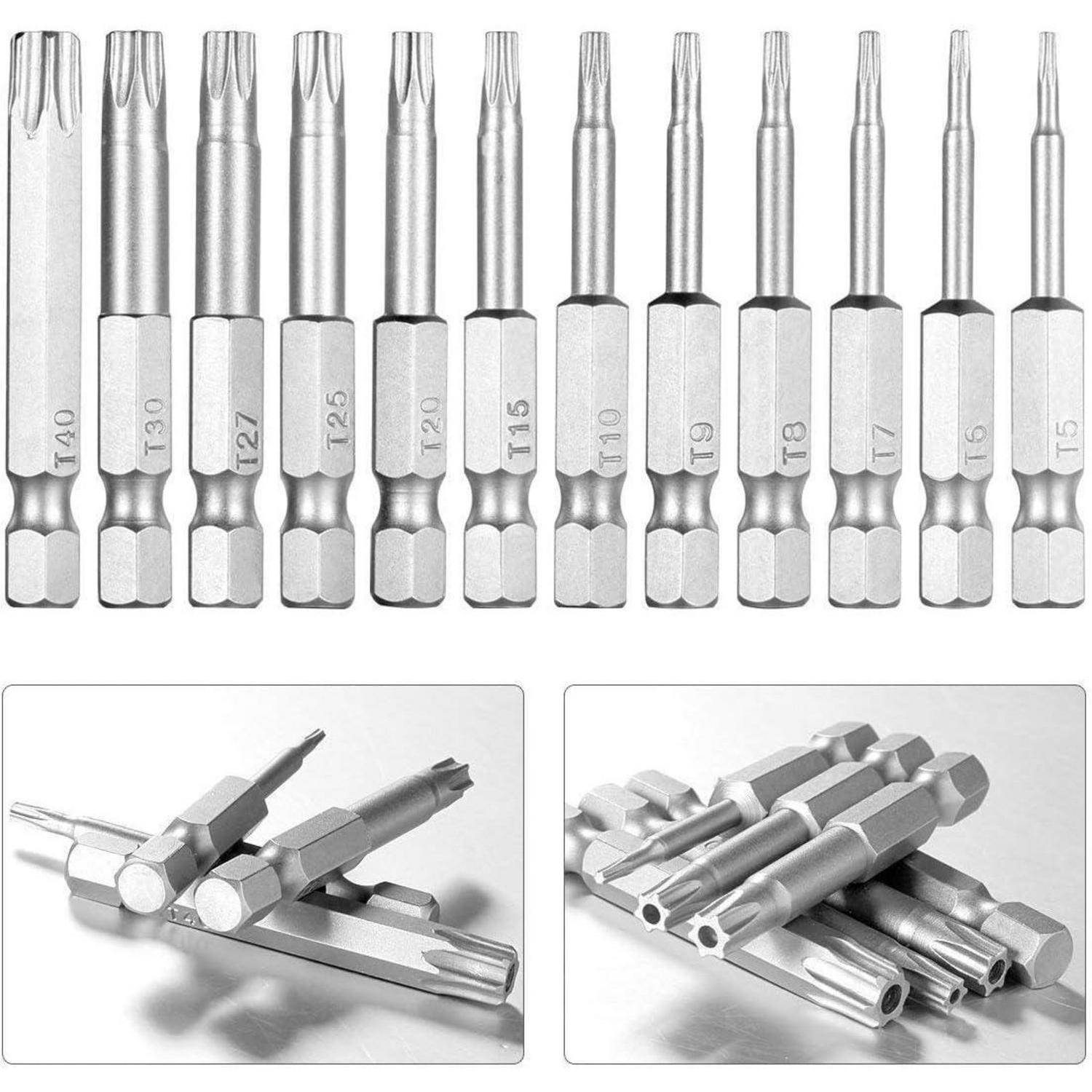 Satz Silber-Torx-Schraubendreherbits, beschriftet T40 bis T5, mit Nahaufnahmen einzelner Bits und einer gestapelten Gruppe.