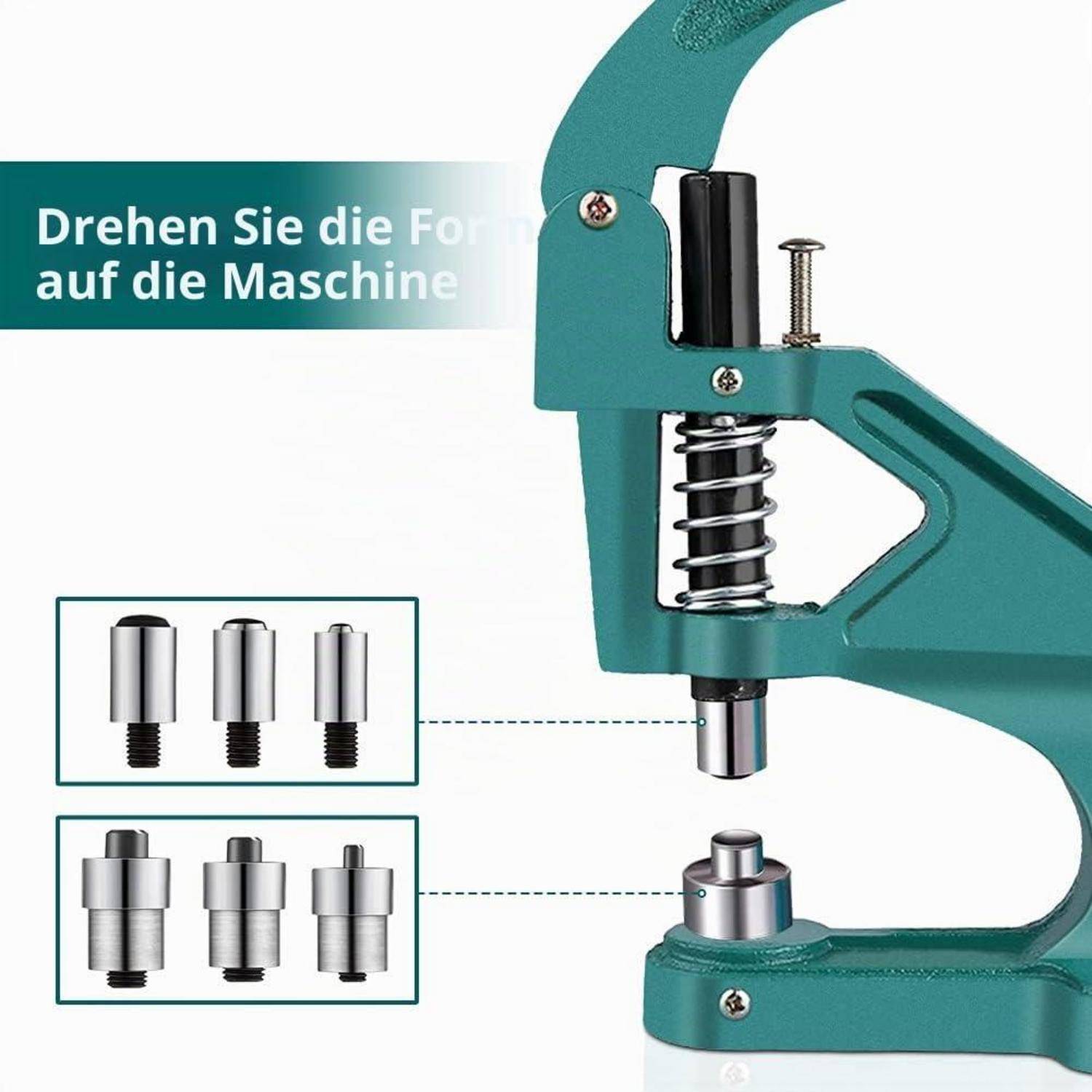 Anleitungsbild einer türkisfarbenen Metallknopf-/Druckpresse, das zeigt, wie man die Form auf die Maschine dreht, mit zwei Einsatzfeldern austauschbarer Metallformen.