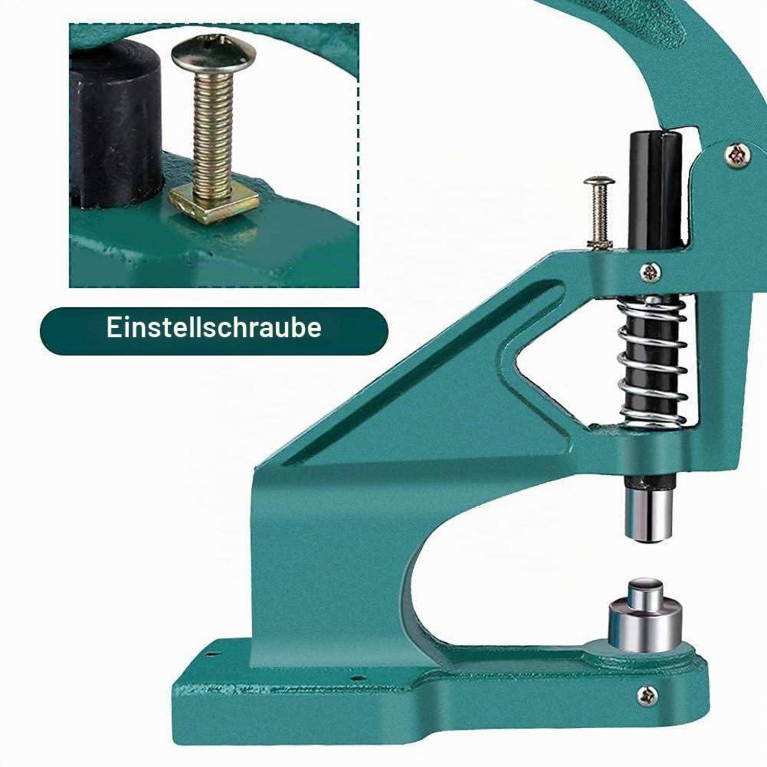 Teal-farbene Metallpresszwinge mit Federmechanismus; eingefügte Nahaufnahme kennzeichnet die Einstellschraube.