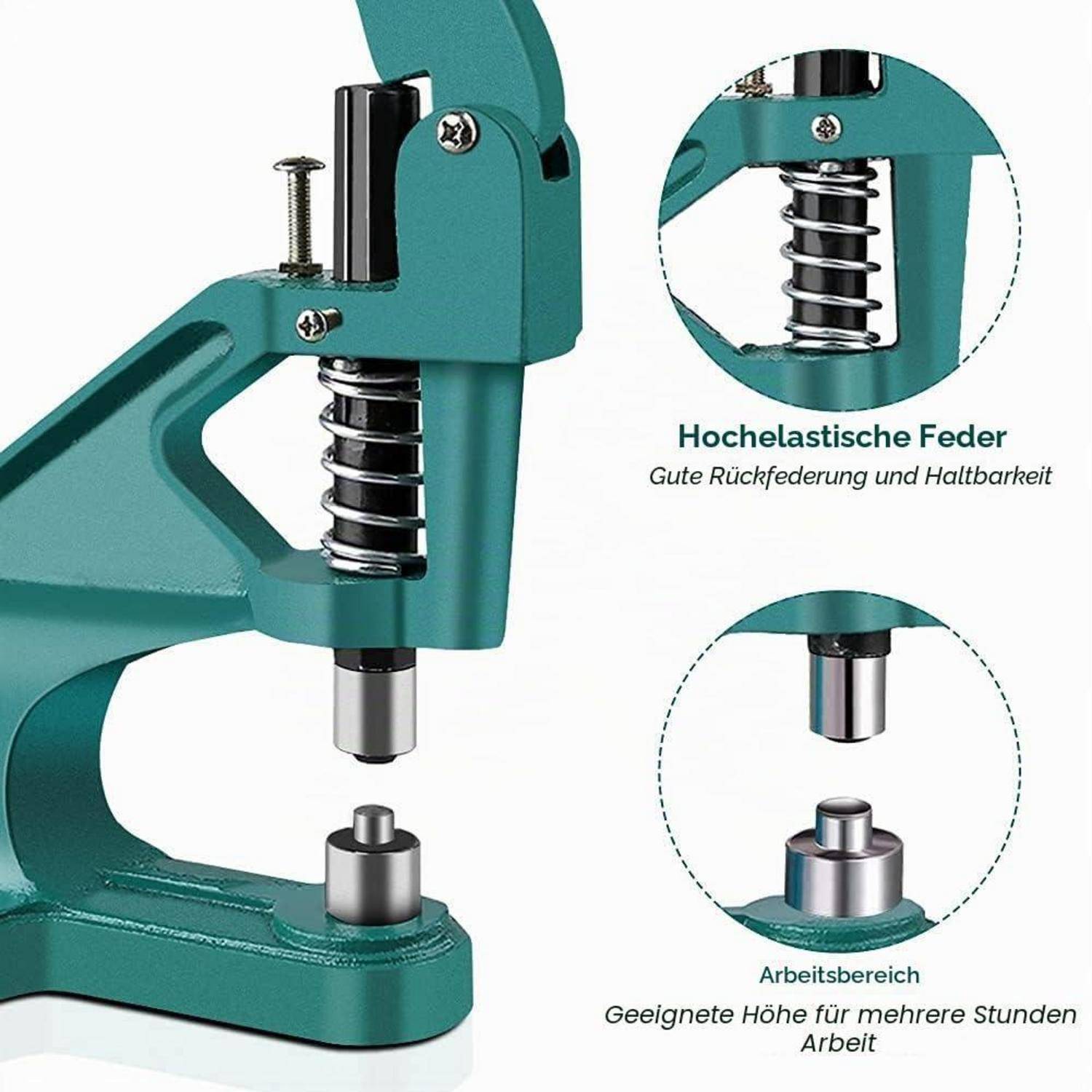 Türkisfarbene Metallhandpresse mit federbelastem Mechanismus und Stempelset; Detailausschnitte zeigen die Feder und die verstellbare Arbeitshöhe.