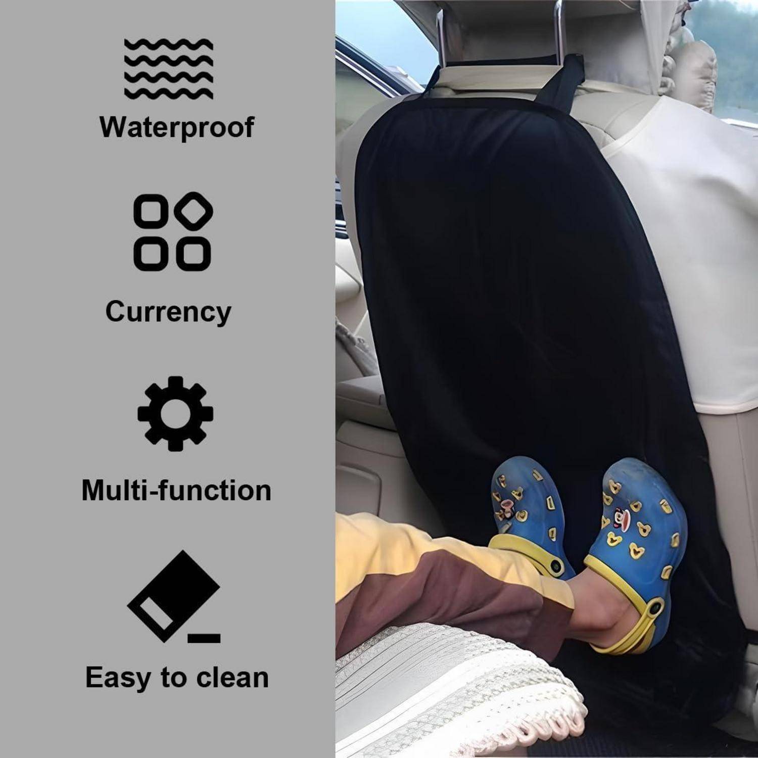 Infografik zeigt einen Autositzschutz, der wasserdicht ist, Währung aufbewahrt, multifunktional ist und leicht zu reinigen ist; Foto zeigt die Installation hinter einem Vordersitz.