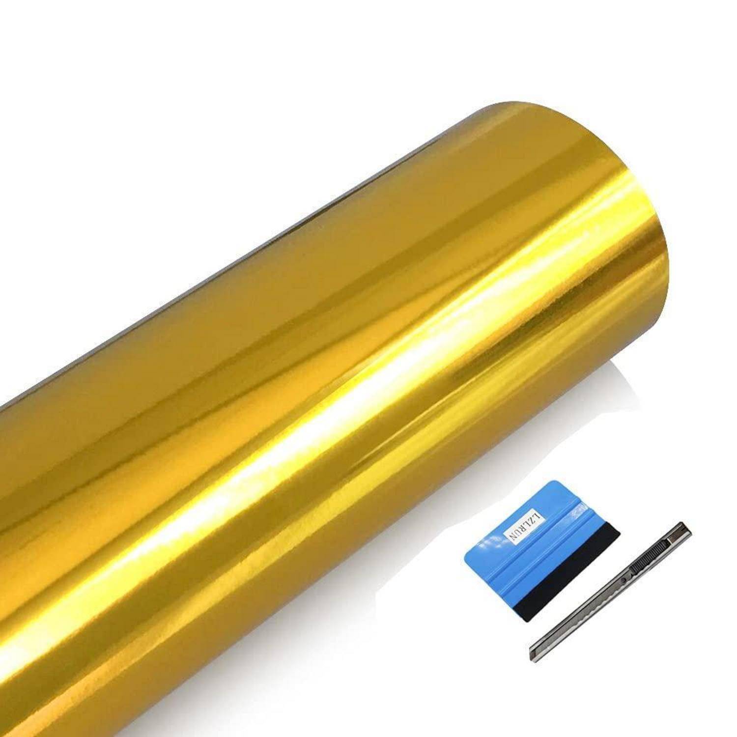 Goldener Klebebuntstoff-Roll mit blauem Rakel und Universalmesser zum Anbringen oder Schneiden