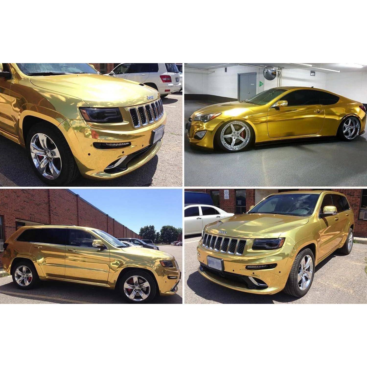 Collage eines gold-/chromverpackten Jeep-SUV aus mehreren Blickwinkeln, der seine reflektierende maßgeschneiderte Außenseite und Räder hervorhebt.
