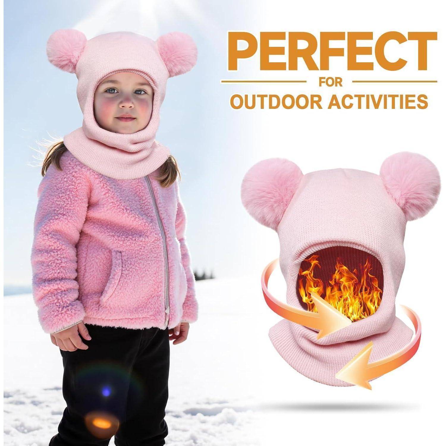 Kind in rosa Wintermütze und Fleece-Jacke als „perfekt für Outdoor-Aktivitäten" dargestellt; Ausschnitt zeigt Kapuze und Schal mit Flammen-Grafik und Pfeilen, die Wärmeschutz andeuten.