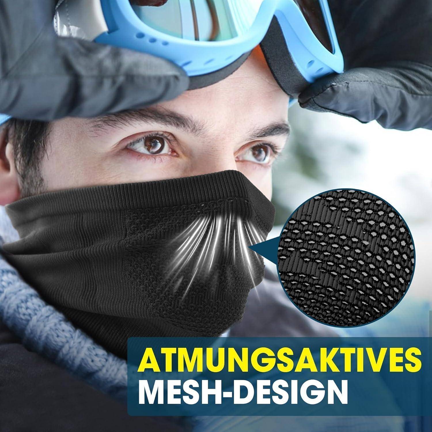 Person, die Skibrillen und eine schwarze atmungsaktive Gesichtsmaske trägt, mit dem Text „ATMUNGSAKTIVES MESH-DESIGN