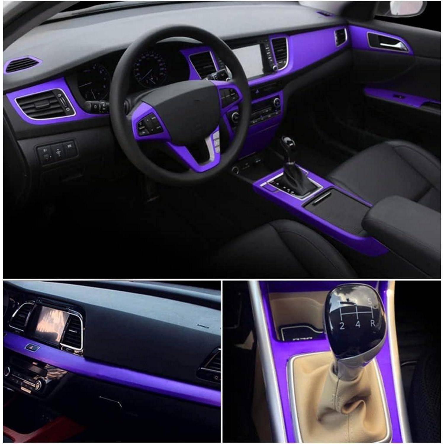 Autoinnenraum mit violettem Armaturenbrett und Konsolenverkleidung, mit schwarzem Lenkrad und manuellem Schaltgetriebe; Nahaufnahmen zeigen das zentrale Display und den Schalthebel.